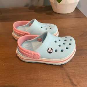 Kids Crocs. Teal, pink. Great shape.
